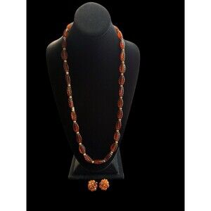 Vintage Amber Glass Beaded Clip On Earrings & Necklace Set Flapper W. Germany